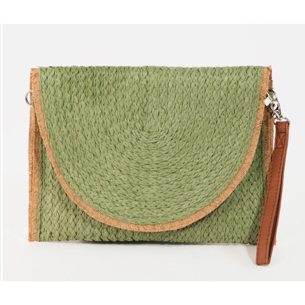 NWT Styline Frayed Trim Green Straw Crossbody Bag/Clutch